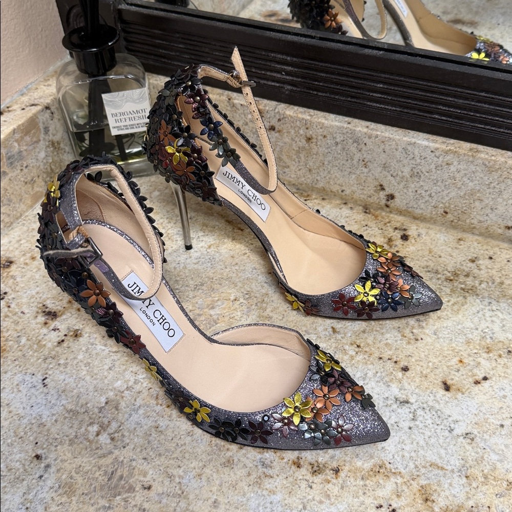 Jimmy Choo Floral Embellished Lorelai glitter heels 38.5 - Picture 15 of 17